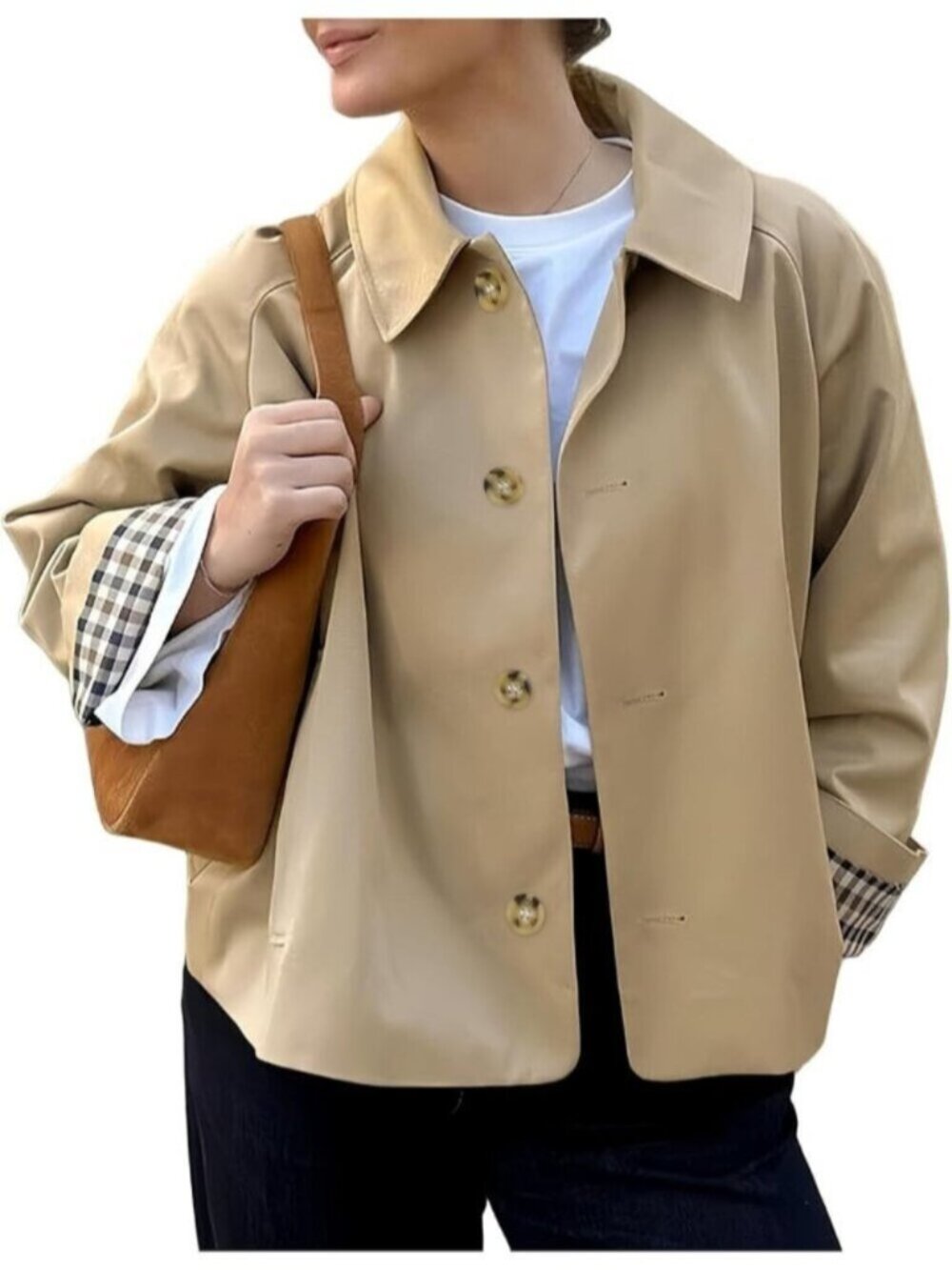 Women Camel Cropped Plaid Cuff Button Front Single Breasted Lining Trench Coat